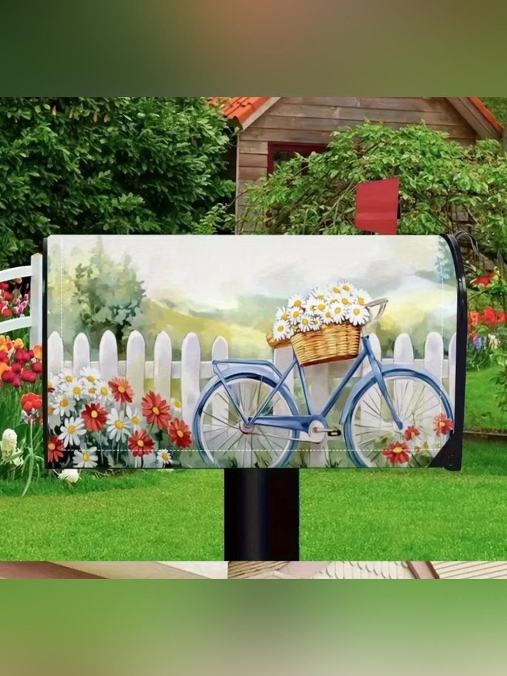 Blue Bicycle Mailbox Cover with Daisies